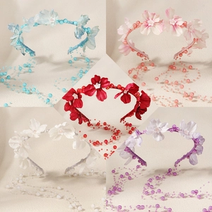 Serre Tête en Tissu à Fleurs Fait Main Avec Longs Pompons en Künstliche Perles Couronne Florale Mariée Pour Mariage Fête Femme