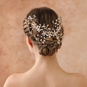 Peigne à Cheveux Mariée Fait à la Main Or Fleur en Métal Strass Künstliche Perle Élégant Accessoire Cheveux Mariage Femme