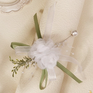 Handmade Fabric Flower Brooch Wrist Corsage White Camellia With Imitation Artificial Pearl Ribbon For Wedding Party Bridesmaid Accessory