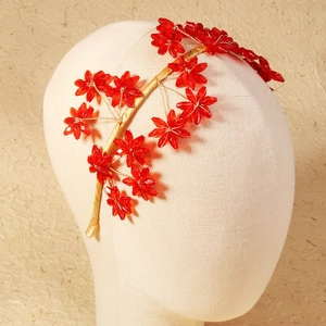 Exquisite handmade red floral beaded bridal headband with gold accents and crystals