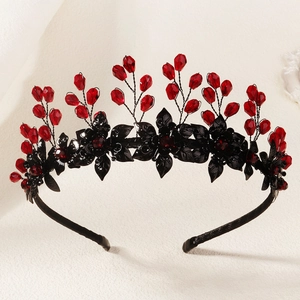 Gothic Black Floral Rhinestone Crown Headband For Women Halloween Party Handcrafted Mystery Dark Style Headpiece Accessory