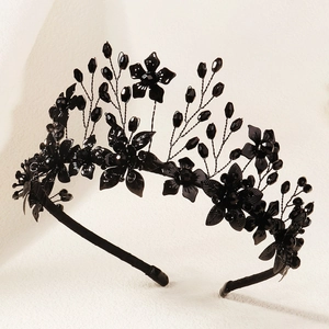 Gothic black floral crown headband with crystals and beads for Halloween parties