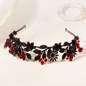 Gothic dark style Halloween headband with black metal leaves and red crystals