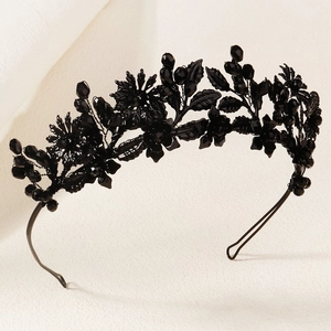 Gothic black flower crystal headband for Halloween party and elegant evening events