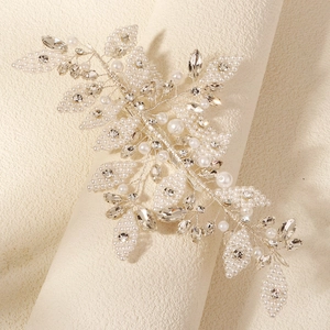 Pince à Cheveux de Mariée Fait Main Fil d'Alliage Argent Cristal Imitation Künstliche Perle Fleur Feuille Branche Accessoires Cheveux Femme