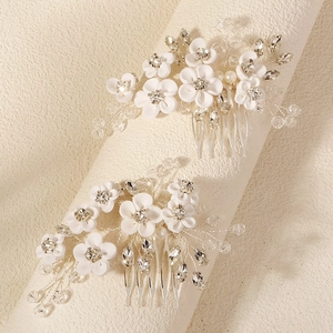 Handmade Bridal Flower Hair Comb White Polymer Clay Rhinestone Acrylic Crystal Wedding Party Hair Accessories For Women