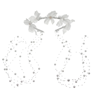 Serre-tête floral élégant avec fleurs en tissu blanc et glands de perles pendants