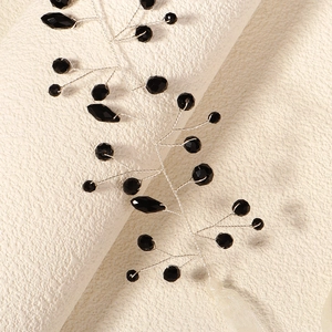 Handmade bridal sash with black crystals and silver beaded branches on ribbon