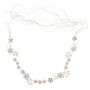 Eleganter Braut-Haarschmuck mit weißen Tonblumen, Perlen und Strass auf Golddraht