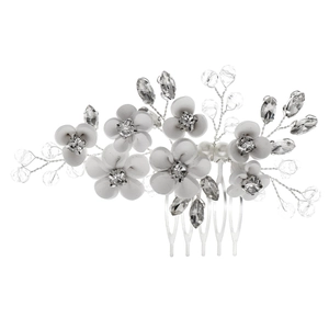 White clay flower bridal hair comb with crystals and pearls on silver wire