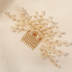 Handmade bridal hair comb with gold wire branches and elegant white pearls