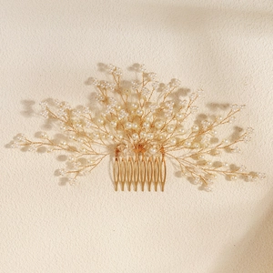 Handmade Bridal Artificial Pearl Hair Comb Gold Copper Wire Flower Wedding Headpiece With Imitation Artificial Pearl Acrylic Crystal For Women