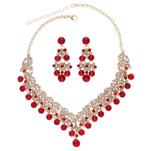 Elegant bridal red rhinestone necklace and drop earring set in gold alloy finish