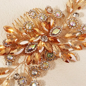 Peigne à cheveux de mariée fait main doré avec cristaux ambrés et strass brillants