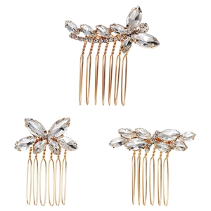 Ensemble de trois peignes à cheveux de mariée dorés avec feuilles en cristal étincelant