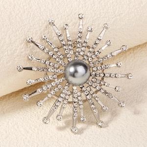 Elegant silver alloy snowflake brooch with blue faux pearl and sparkling rhinestones