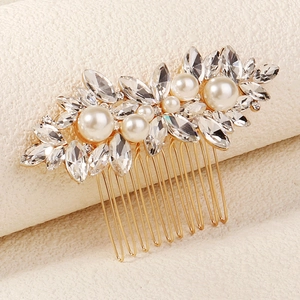 Elegant gold bridal hair comb featuring white pearls and marquise cut rhinestones decor