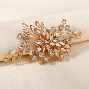 Peigne de mariée avec feuilles de cristal ambré et strass sur structure florale dorée