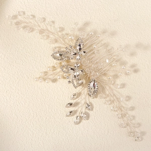 Elegant bridal hair comb with crystal butterflies and pearls on silver metal wire