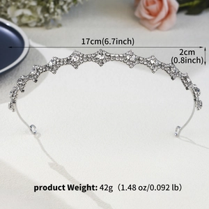 Detail of silver rhinestone bridal headband with diamond patterns and size dimensions