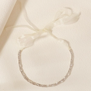 Elegant bridal double row rhinestone headband with white ribbon ties for wedding accessory