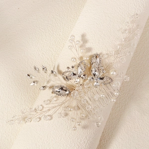 Elegant bridal hair comb with handmade white pearls, crystals and butterfly design