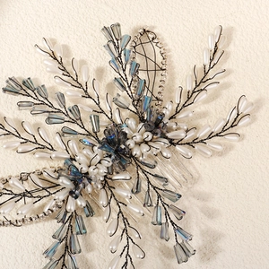 Handmade bridal hair comb with blue crystals and pearls for wedding party styling