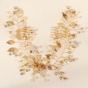 Peigne à cheveux de mariée doré avec strass, perles blanches et feuilles en alliage élégantes