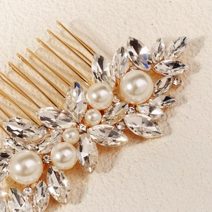 Elegant bridal hair comb with pearls and marquise crystals in luxury gold finish