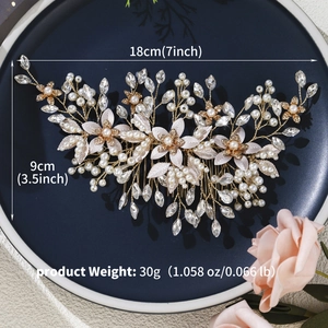 Detailansicht Braut-Haarkamm mit Perlen, Kristallen und Goldblumen, 18 cm Länge, handgefertigt
