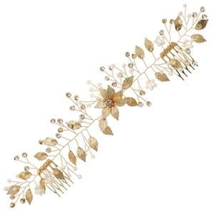 Peigne à cheveux de mariée avec feuilles dorées, perles blanches et strass scintillants
