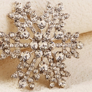 Elegant silver snowflake brooch pin with shimmering rhinestones for wedding and gala events