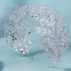 Vue détaillée d'un diadème de mariée en argent avec motifs de feuilles en zircone