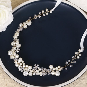 Bandeau de Mariée Fait Main Avec Künstliche Perles d'Imitation Cristaux et Strass Coiffe Florale en Fil d'Or pour Mariage Bijoux Femme