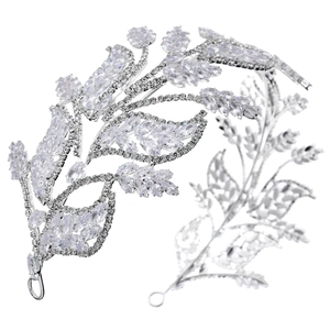 Couronne de mariée de luxe argentée avec motif de feuilles et zircons pour mariage