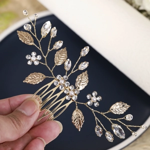 Handmade Leaf Artificial Pearl Hair Comb Elegant Rhinestone Flower Bridal Headpiece For Wedding Party Women Hair Accessories