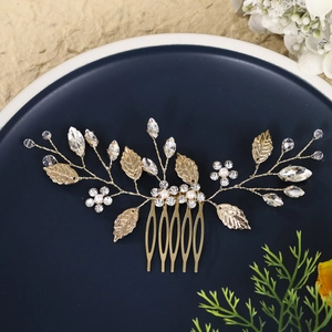 Handmade gold leaf hair comb with pearls and rhinestones for elegant bridal wedding styling