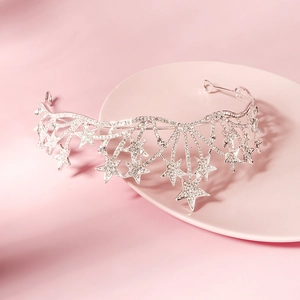 Couronne d'étoiles en alliage argenté ornée de strass brillants pour coiffure