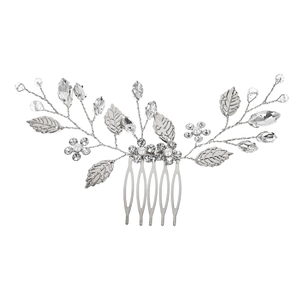 Silver bridal hair comb with elegant leaf design, pearls, and sparkling crystals for weddings