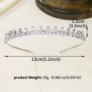 Detail view of silver leaf crown headband with zircon crystals and precise measurements