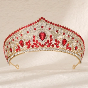 Luxury bridal crown with red teardrop rhinestones and gold metal for elegant wedding parties