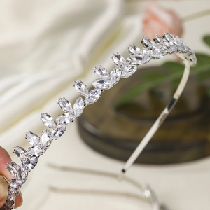 Sparkling silver marquise zircon leaf headband crown for elegant bridal wedding hair decor