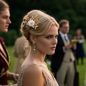 Detail of bridal hair pin with golden leaves, white flowers and pearls in an outdoor setting