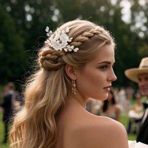 Pic à Cheveux de Mariage Fait Main Fleur Blanche Avec Imitation Künstliche Perle Strass Couleur Argent en Forme de U pour Femme Bijoux