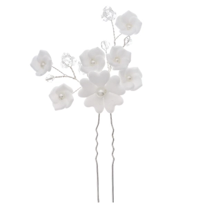 Épingle à cheveux exquise avec fleurs en argile blanche, perles et cristaux pour mariée
