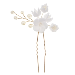 Eleganter Braut-Haarnadel mit handgefertigten Tonblumen und weißen Perlen auf Gold