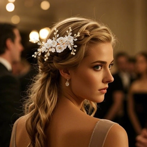 Detail of white clay flowers and pearls on bridal hair comb worn in wedding hairstyle