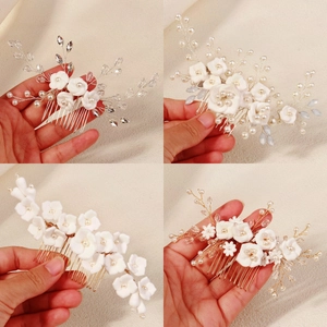 Detailed four-grid view of handmade bridal hair combs with white clay flowers and pearls