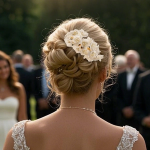 Detailed view of handcrafted white clay flowers on a bridal hair comb accessory