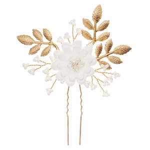 Elegant bridal hair pin with golden leaves, white fabric flowers, crystals, and pearls